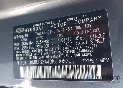 2019 Hyundai Tucson Value from USA, damaged, VIN KM8J33A43KU005201